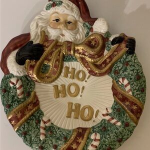 Fitz and Floyd Santa Wreath with Gold and Green Ho! Ho! Ho! Christmas candy dish